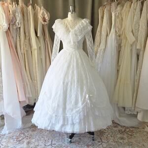 Jessica McClintock Vintage 80s Lace Wedding Dress Size S 7 Ruffle Gunne Sax